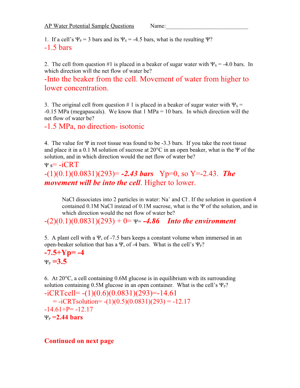 AP Water Potential Sample Questions