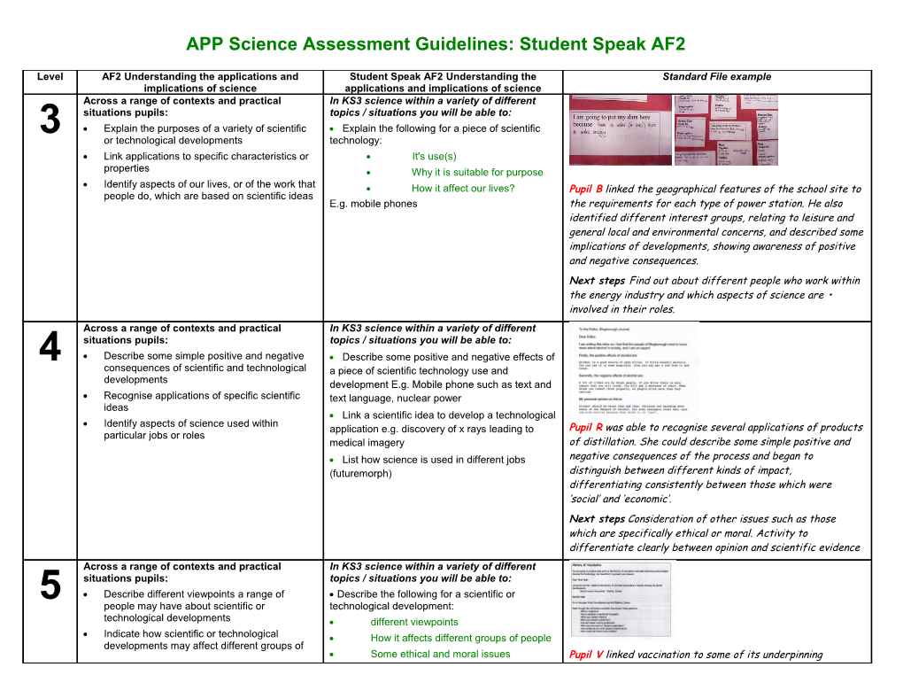 APP Science Assessment Guidelines: Student Speak