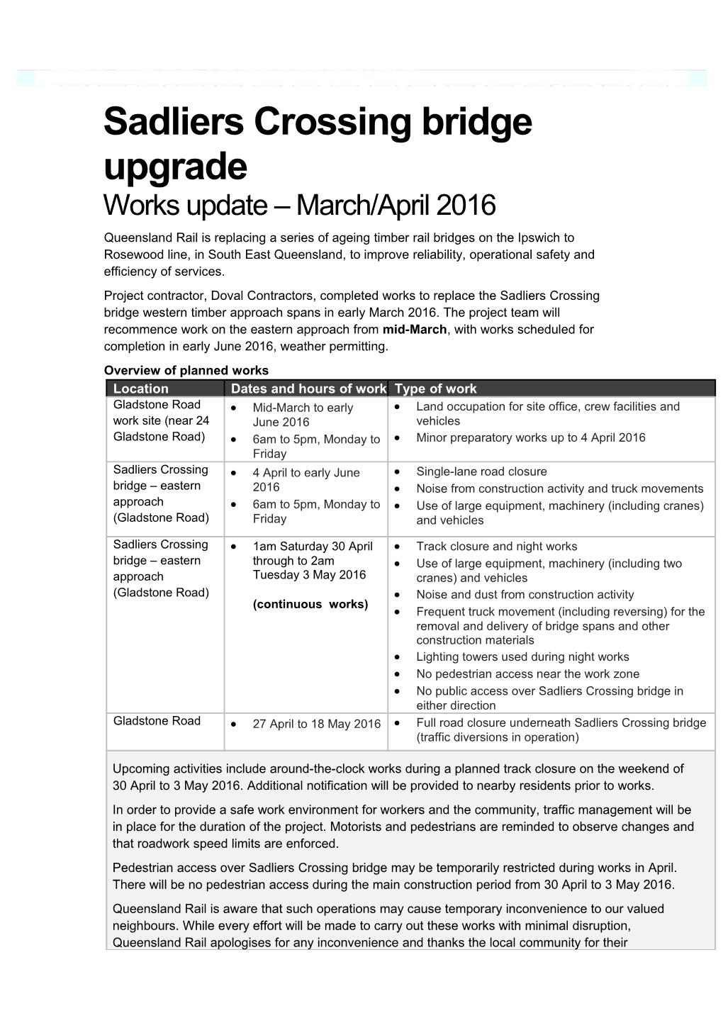 Works Notice 15 Sadliers Mar/Apr 2016