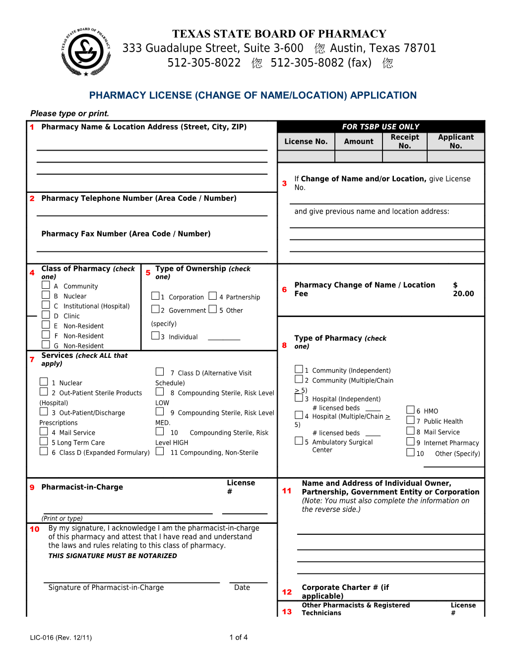 Pharmacy License (Change of Name/Location) Application