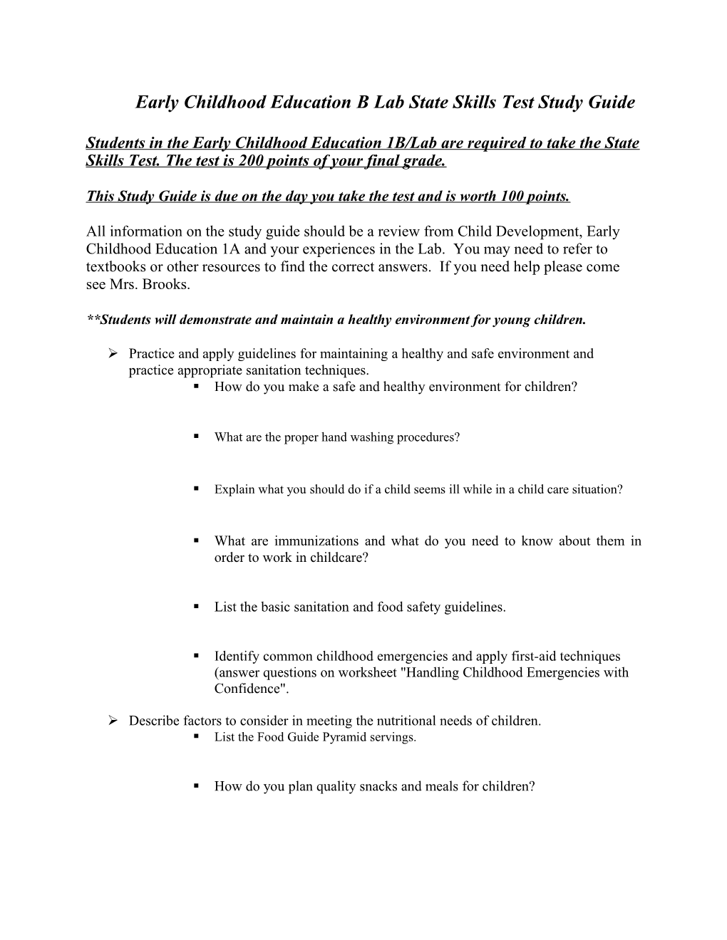 Early Childhood Education B Lab State Skills Test Study Guide