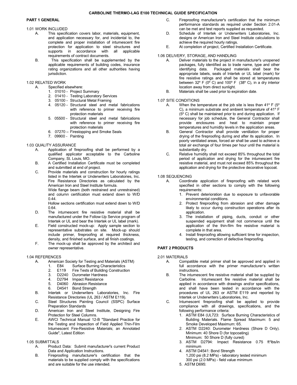 Carboline Thermo-Lag E100 Technical Guide Specification