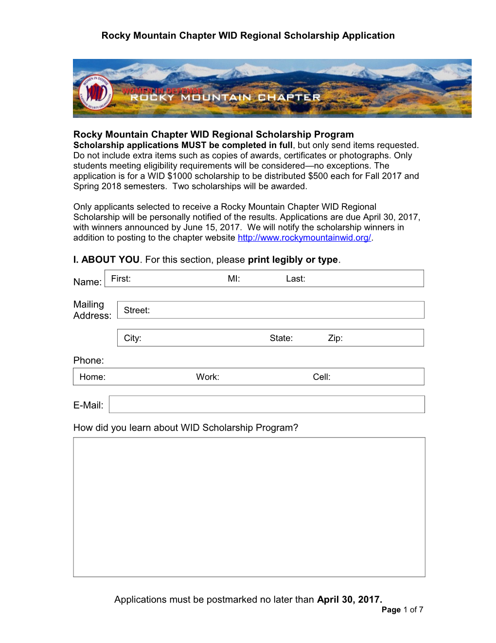 Rocky Mountain Chapter WID Regional Scholarship Application