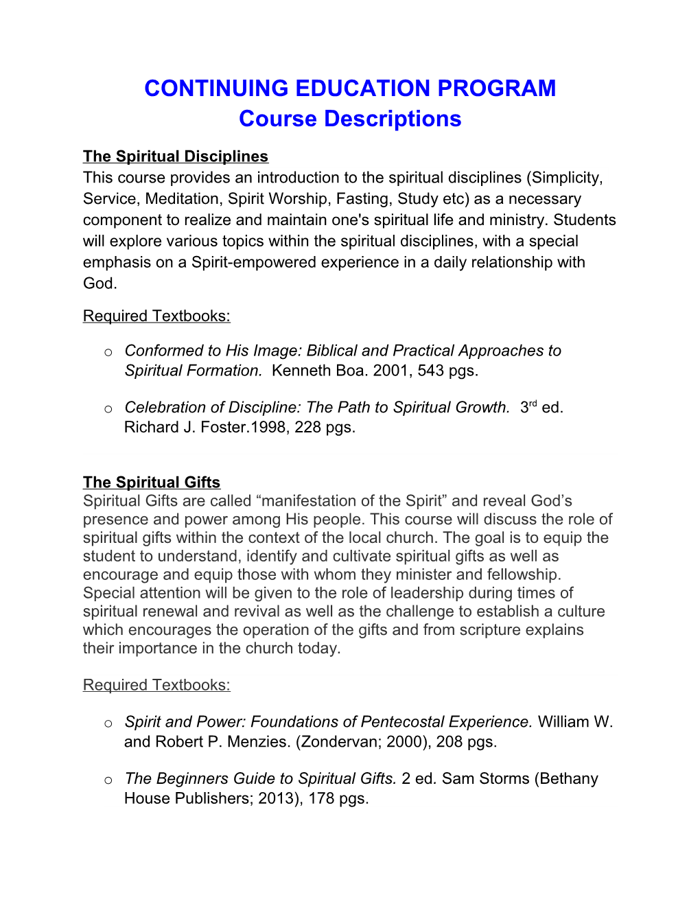 CONTINUING EDUCATION PROGRAM Course Descriptions