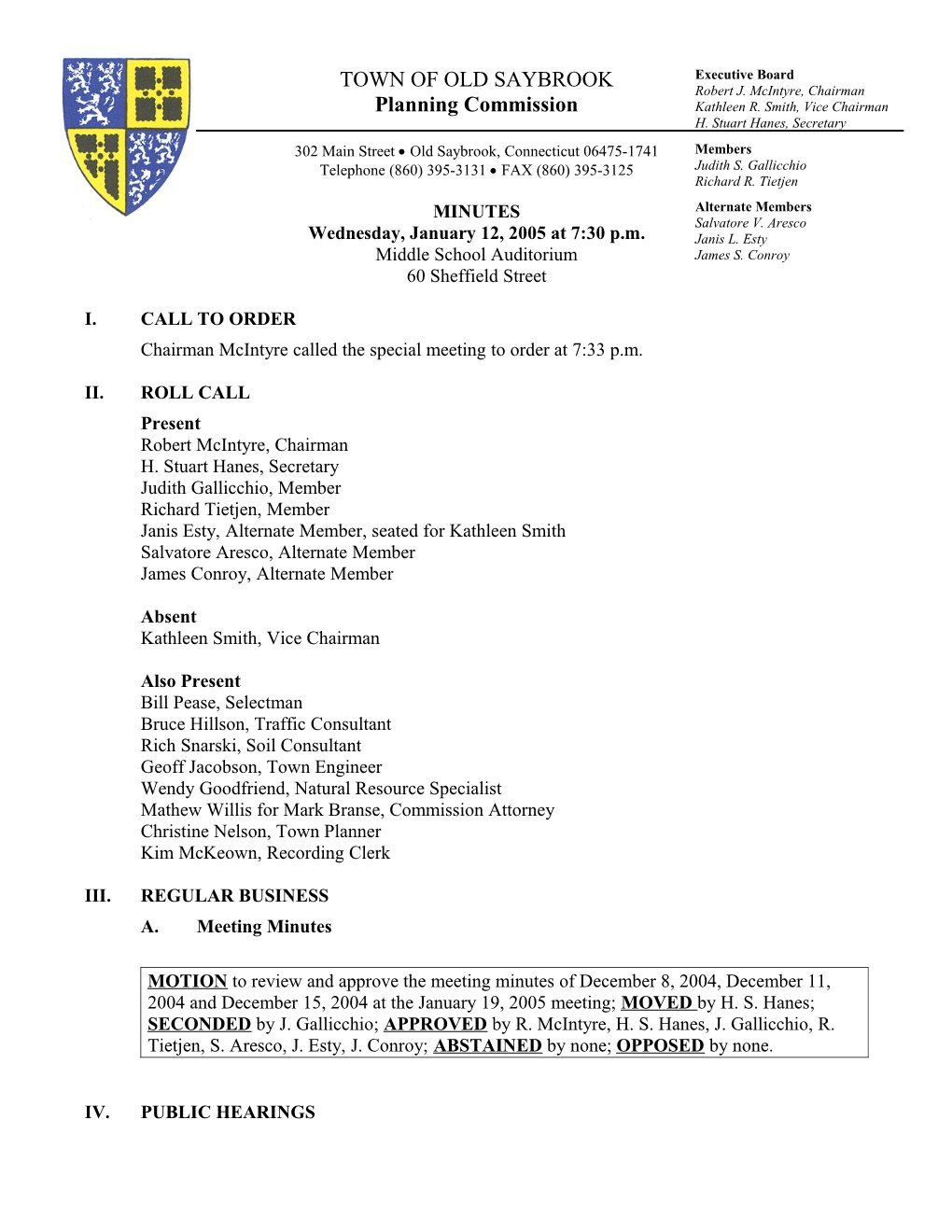 Old Saybrook Planning Commission Meeting Agenda January 12, 2005