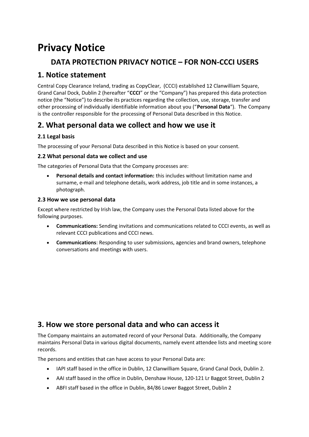 Data Protection Privacy Notice for Non-Ccciusers