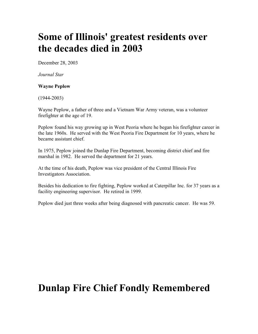 Dunlap Fire Chief Fondly Remembered