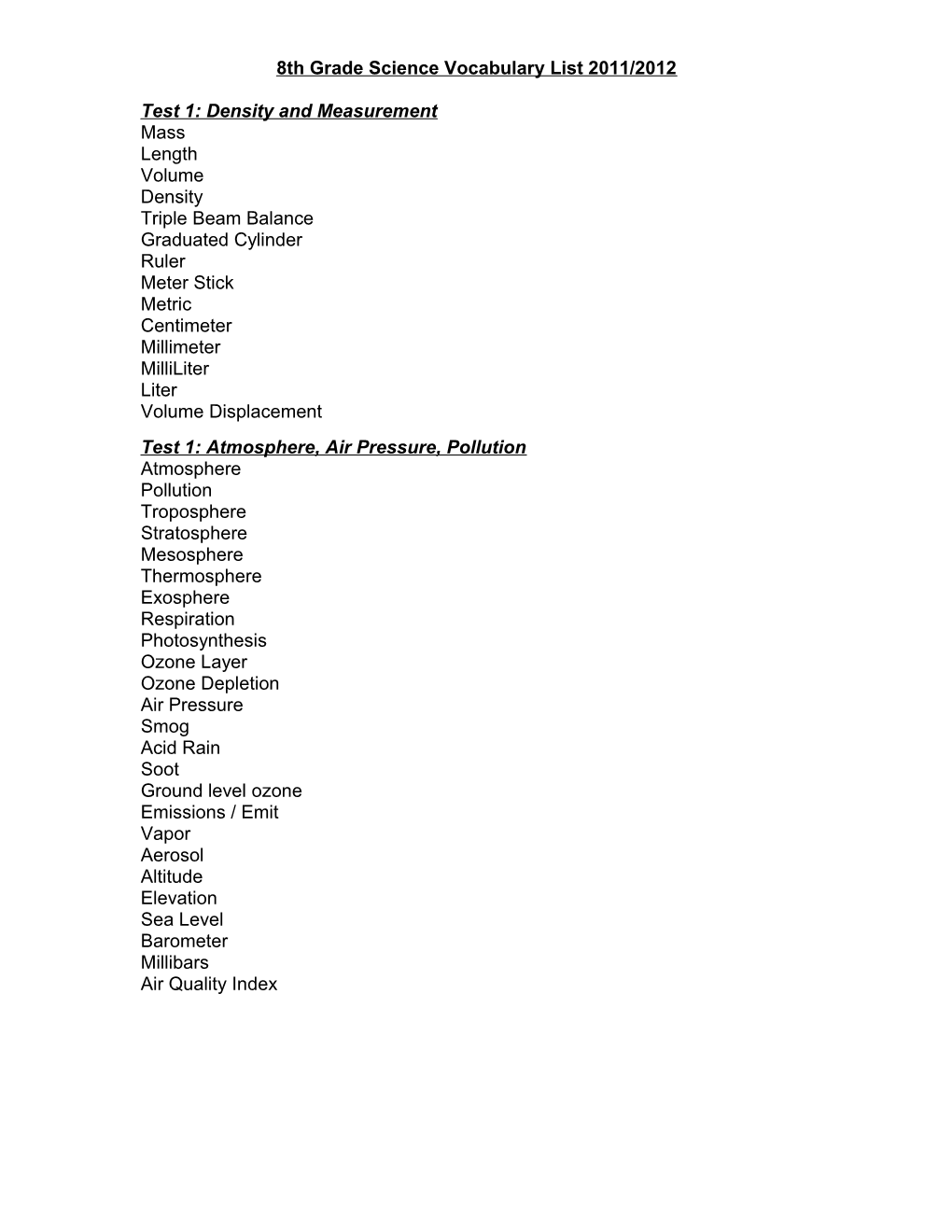 8Th Grade Science Vocabulary List 2011/2012