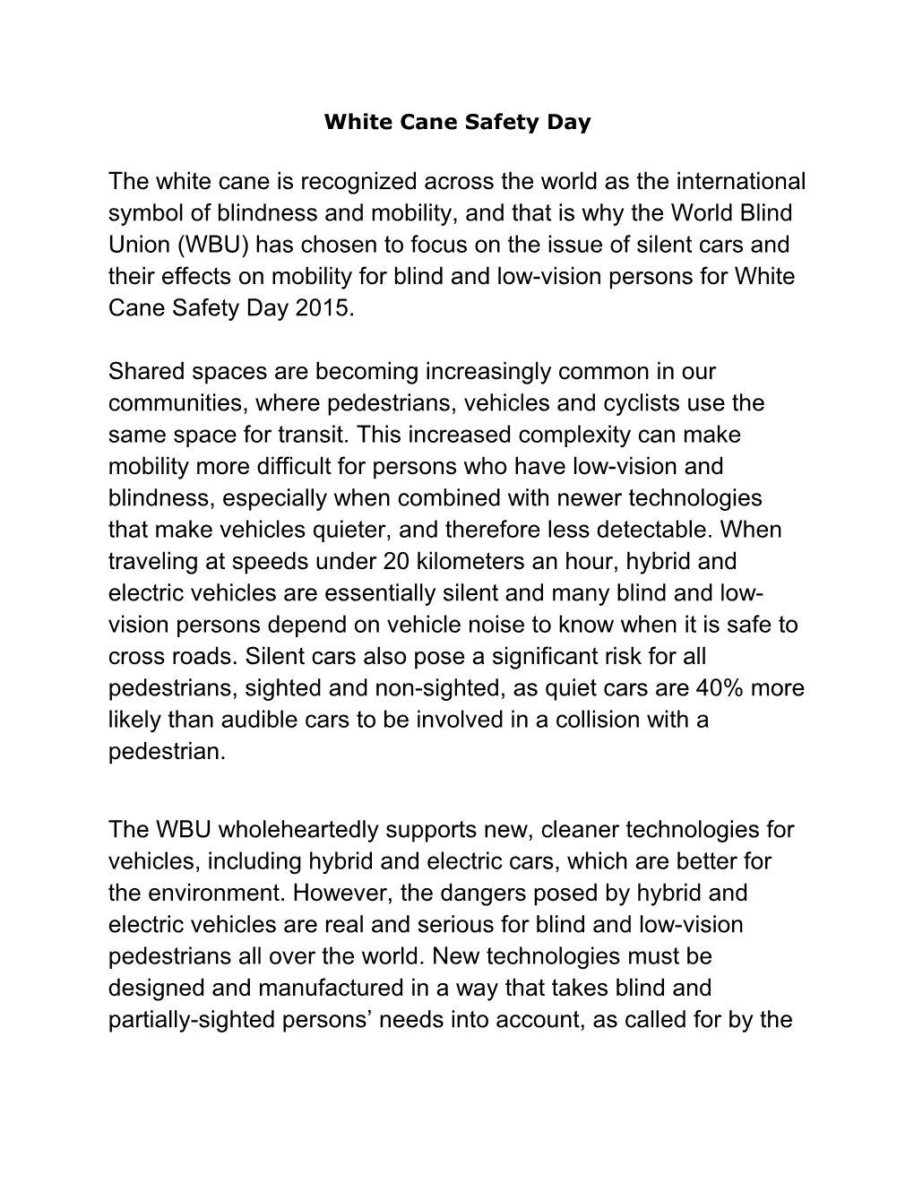 WBU Press Release - White Cane Day 2015