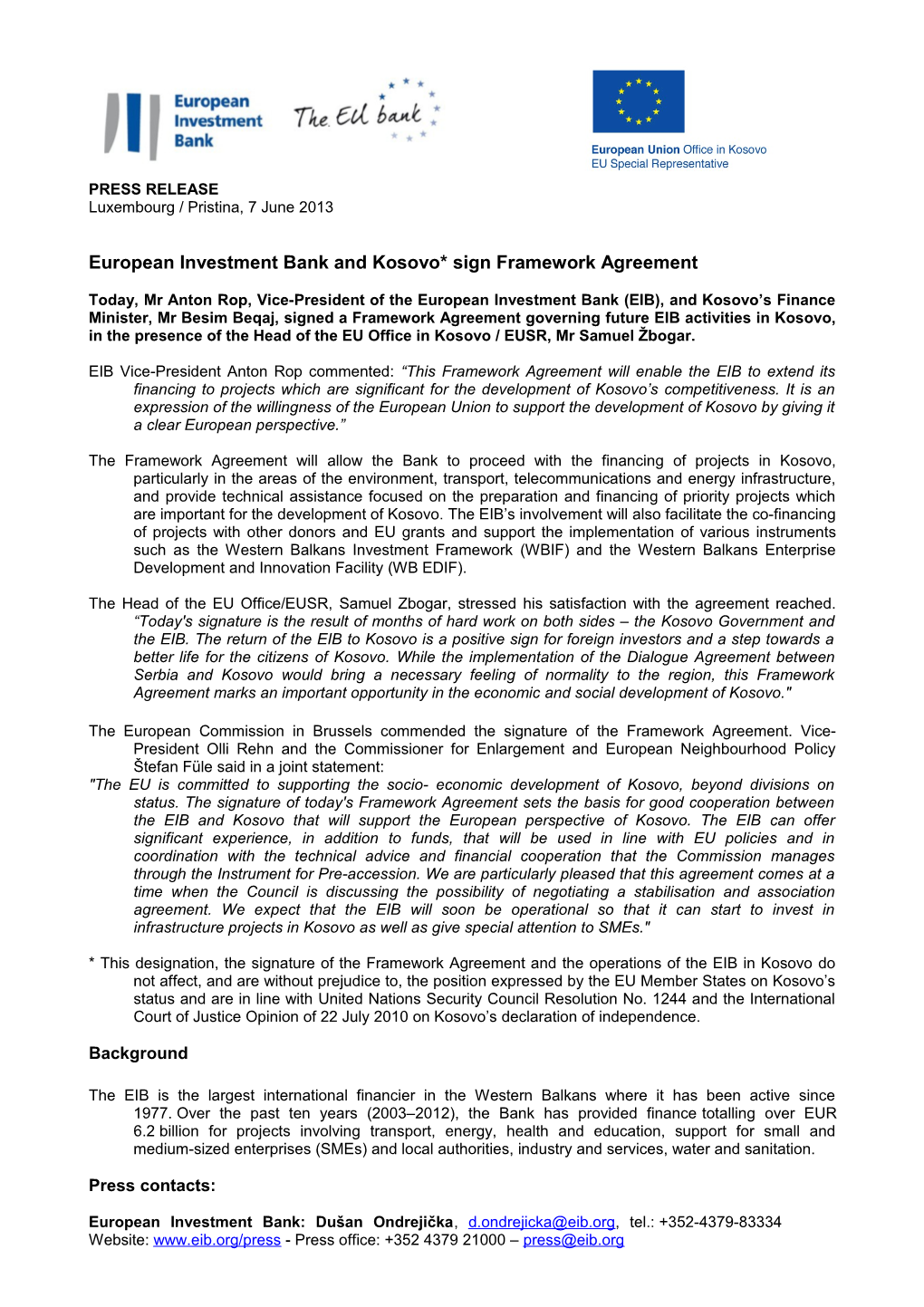 European Investment Bank and Kosovo* Sign Framework Agreement