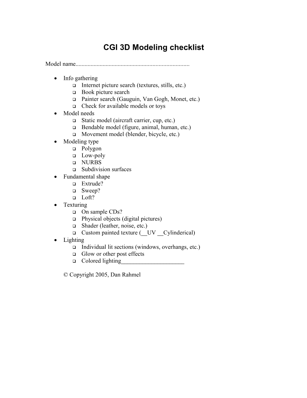 CGI Modeling Checklist