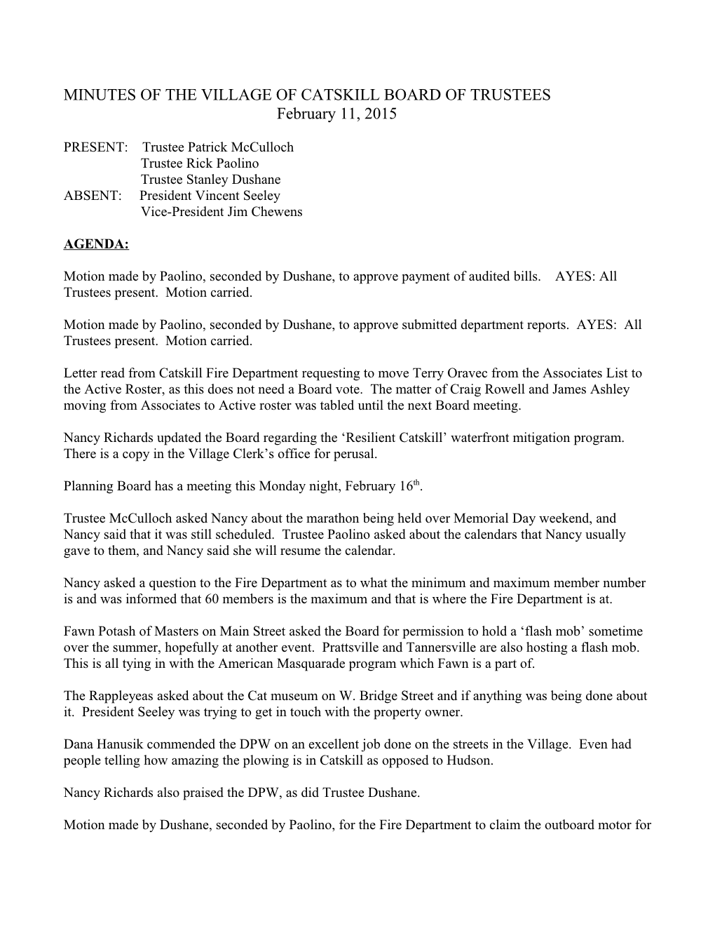 Minutes of the Village of Catskill Board of Trustees
