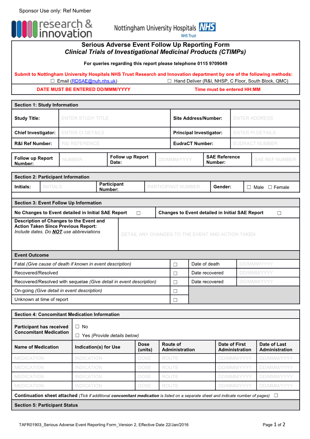 TAFR01903 Serious Adverse Event Reporting Form Version 2 , Effective Date 22/Jan/2016 Page