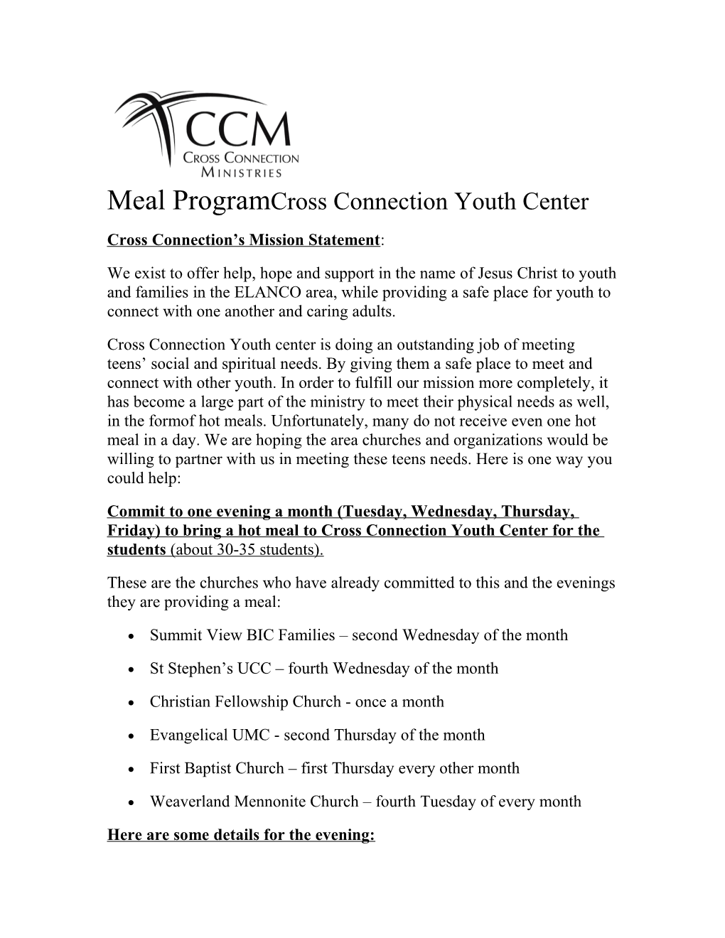 Meal Program Cross Connection Youth Center