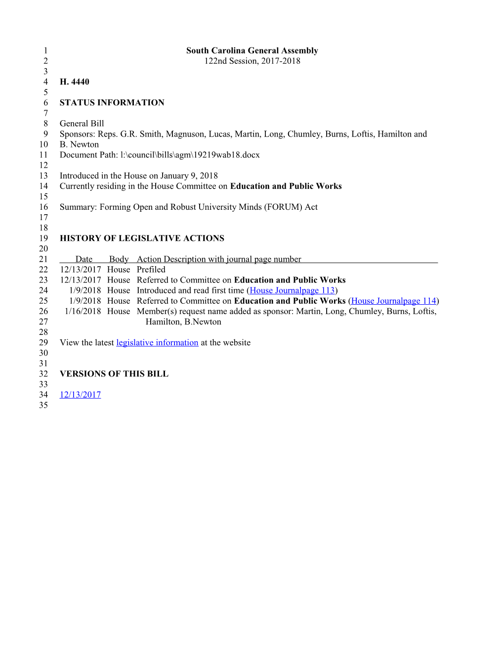 2017-2018 Bill 4440: Forming Open and Robust University Minds (FORUM) Act - South Carolina