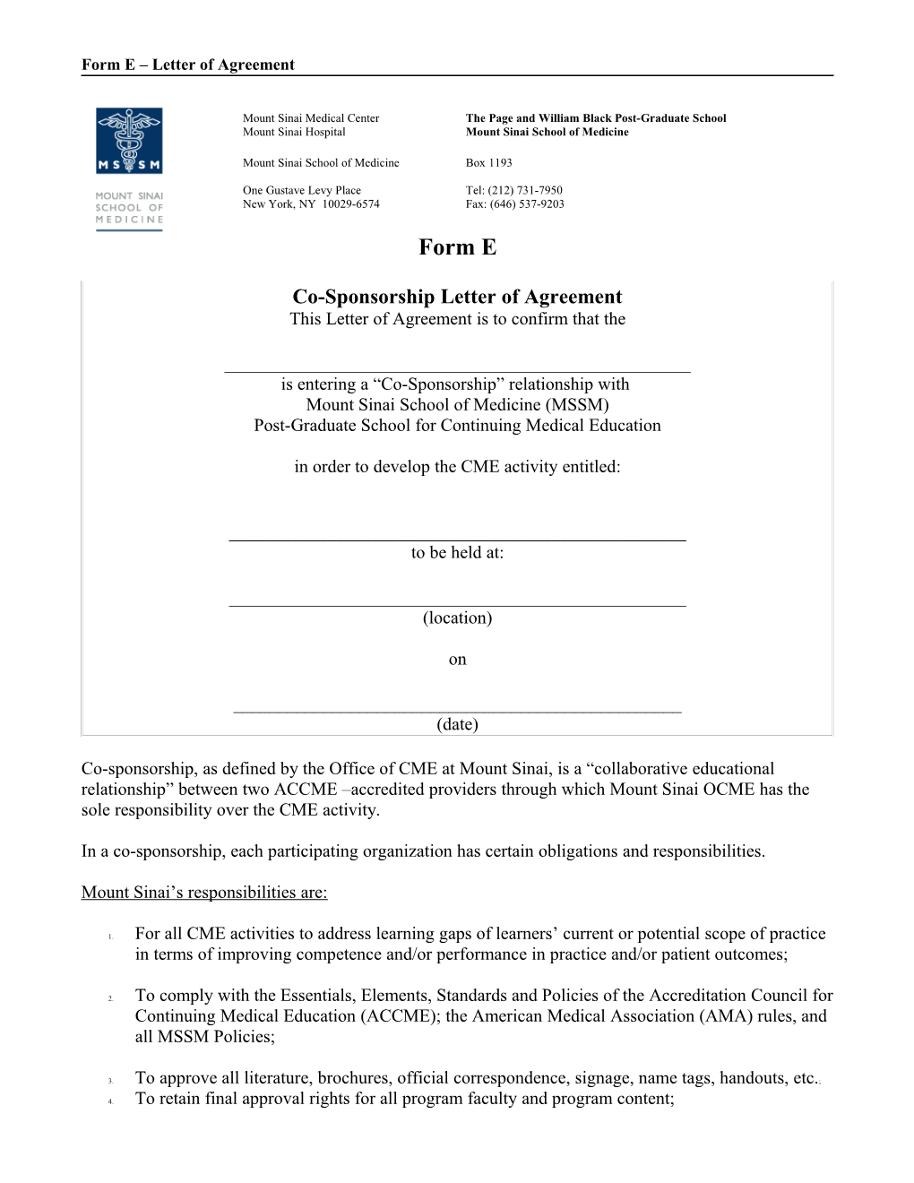 Form E Letter of Agreement