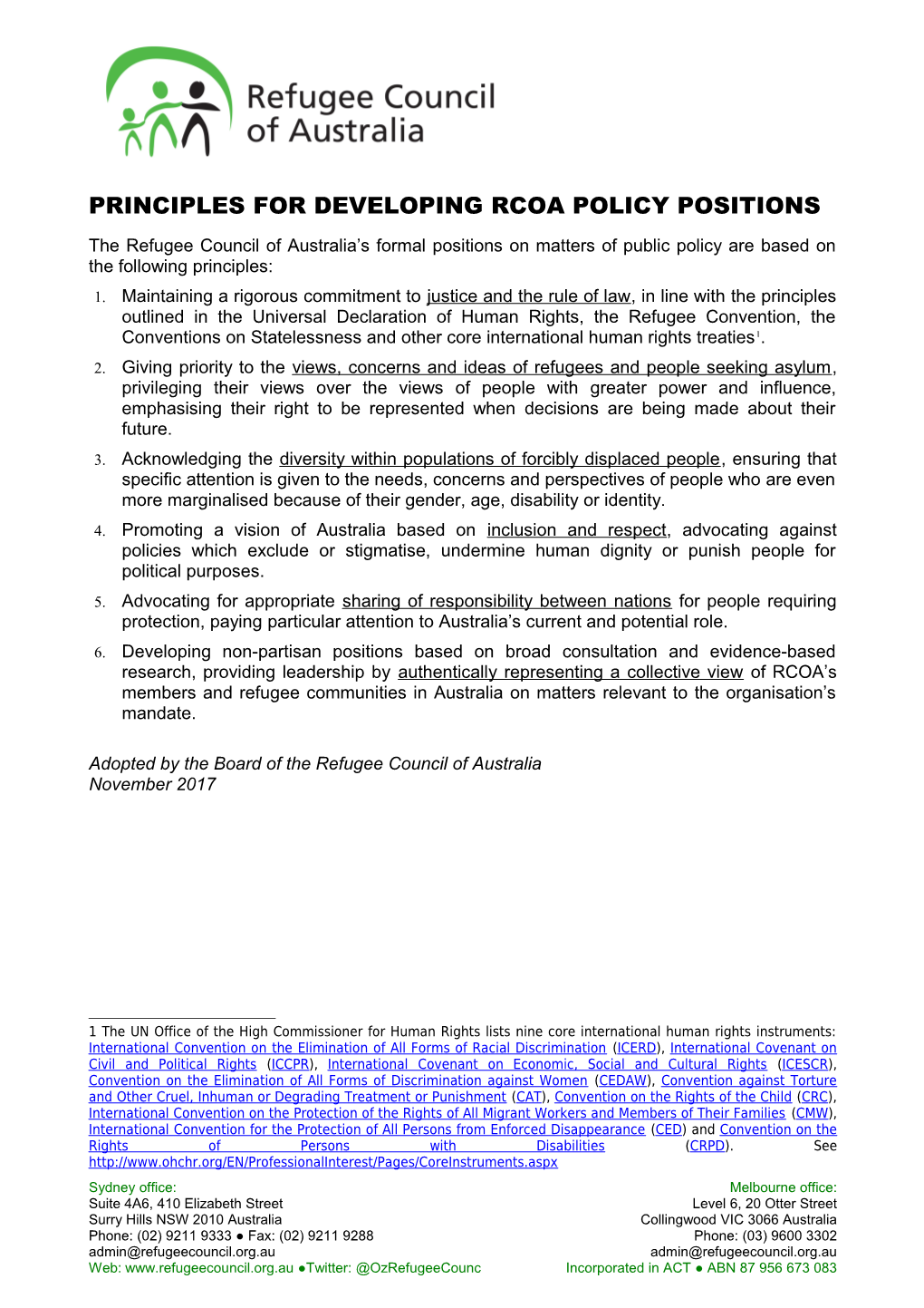 Principles for Developing Rcoa Policy Positions