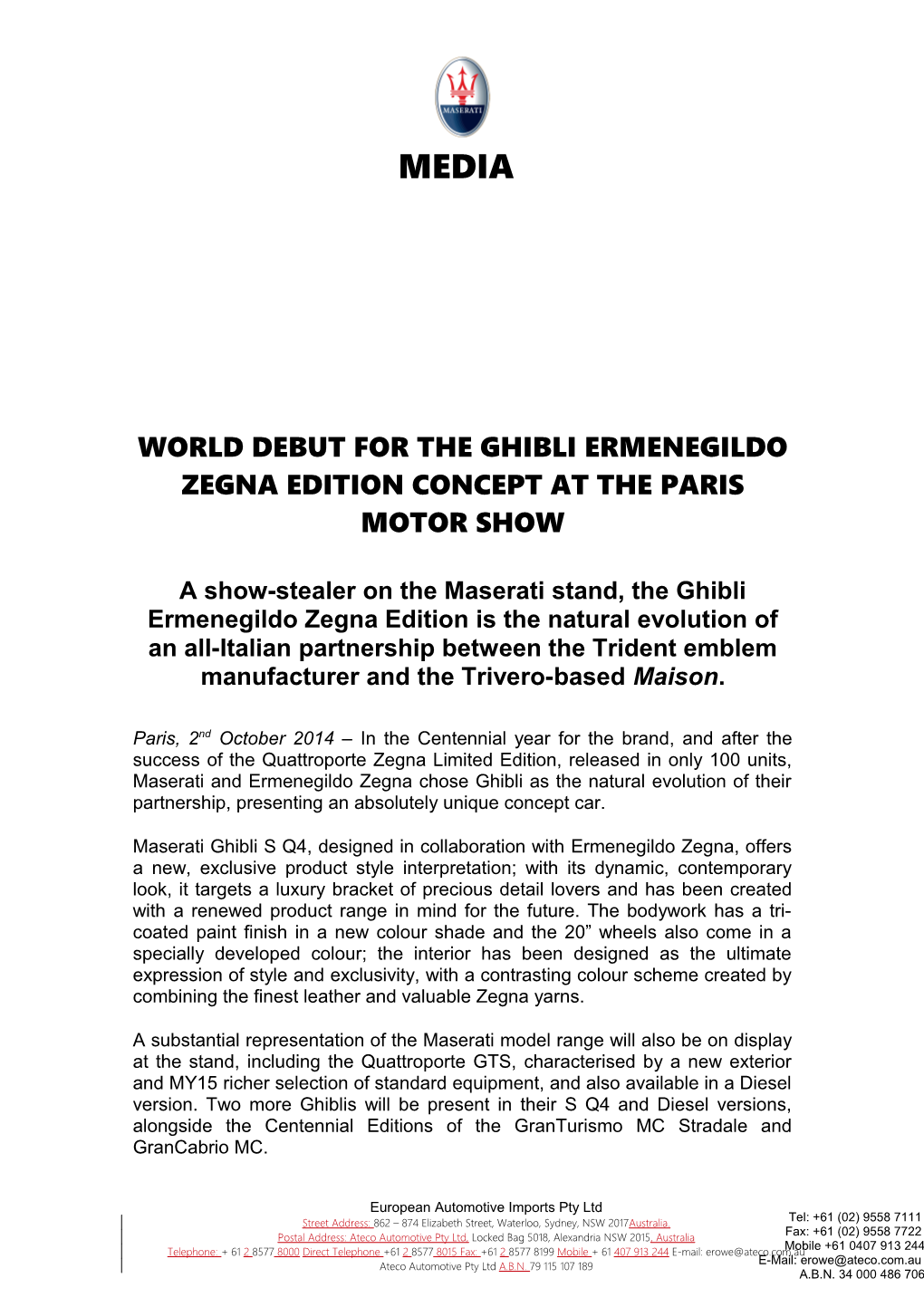 World Debut for the Ghibli Ermenegildo Zegna Edition Concept at the Paris Motor Show