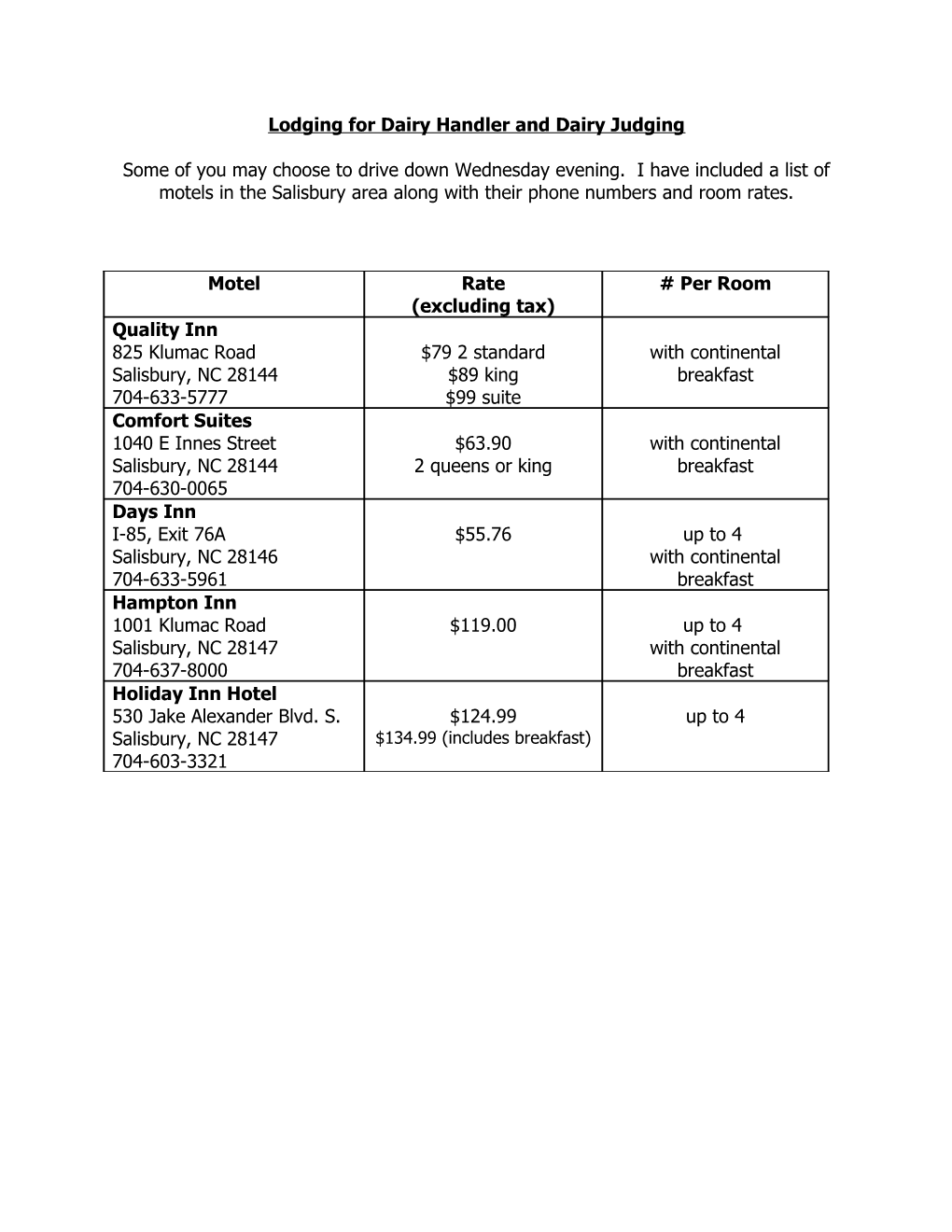 Lodging for Dairy Handler and Dairy Judging