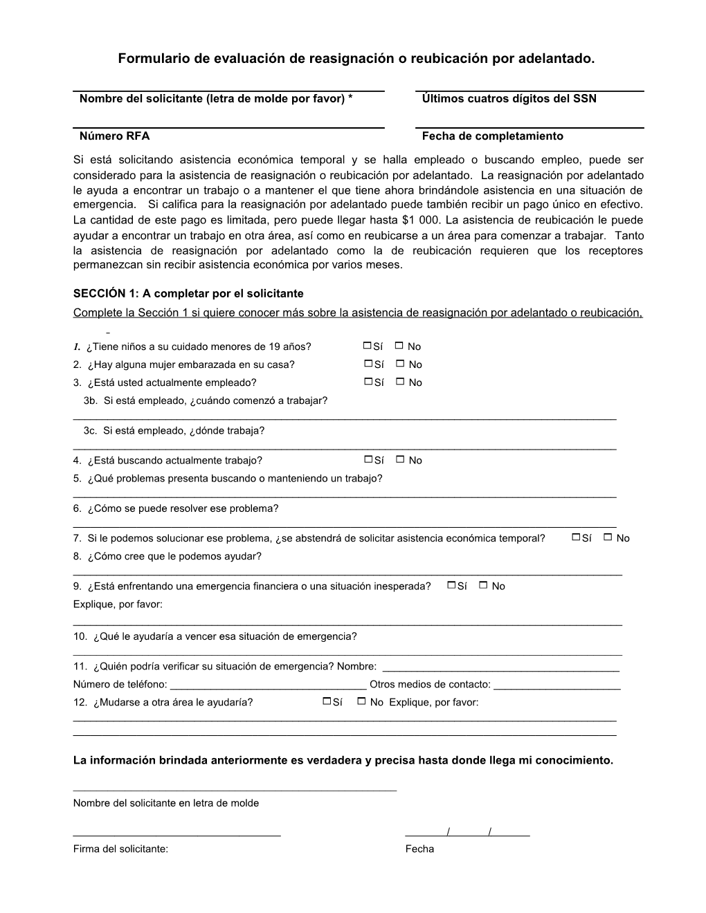 Up-Front Diversion/Relocation Screening Form