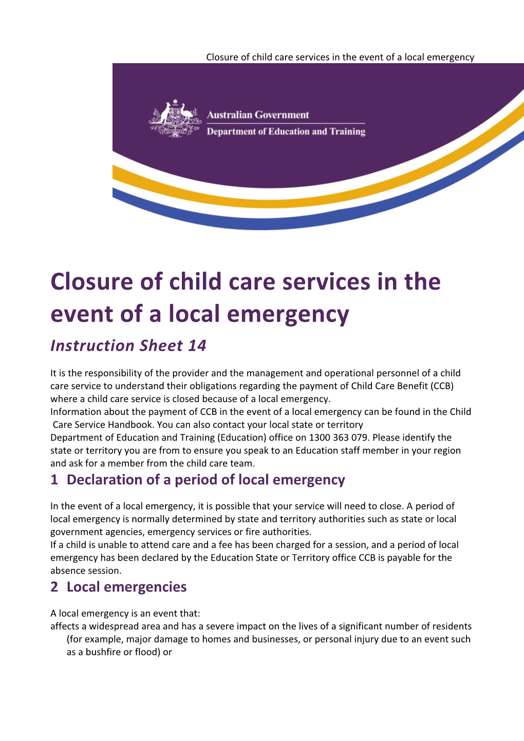 Closure of Child Care Services in the Event of a Local Emergency