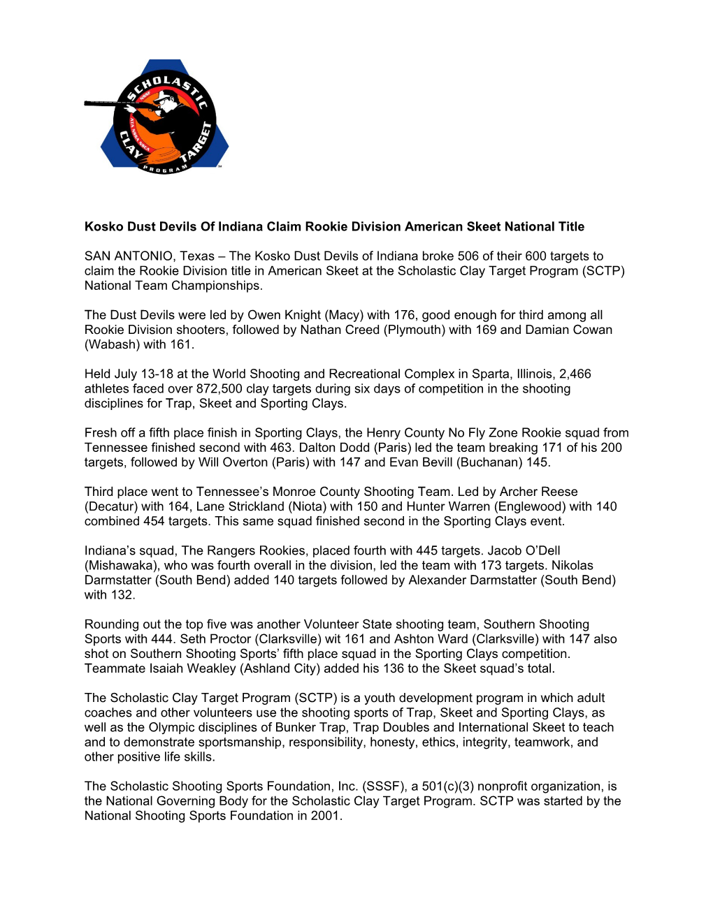 Kosko Dust Devils of Indiana Claim Rookie Division American Skeet National Title