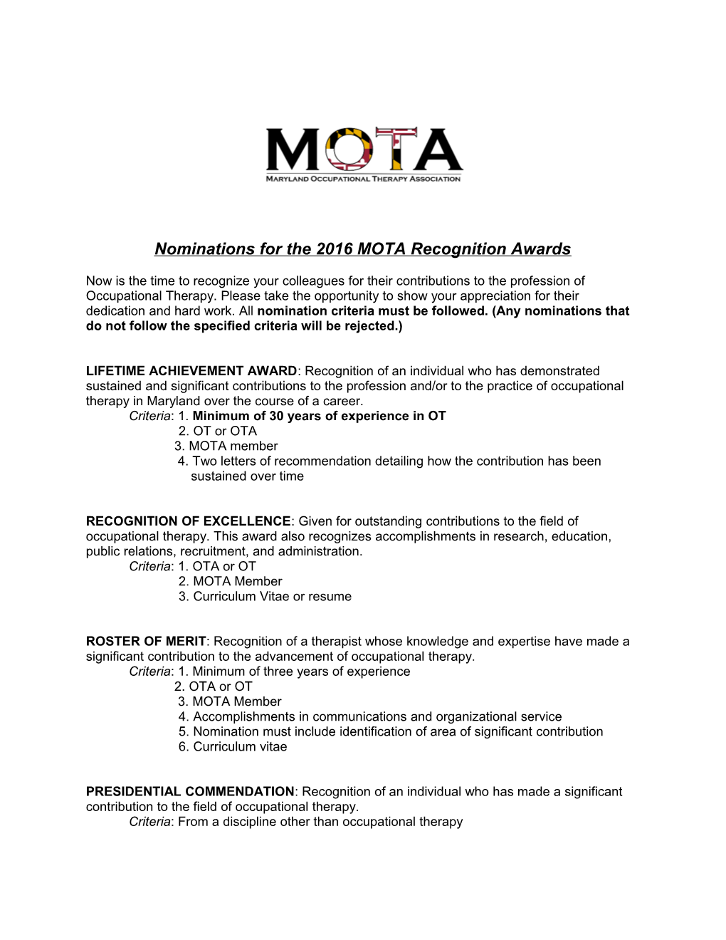 Nominations for the 2016 MOTA Recognition Awards