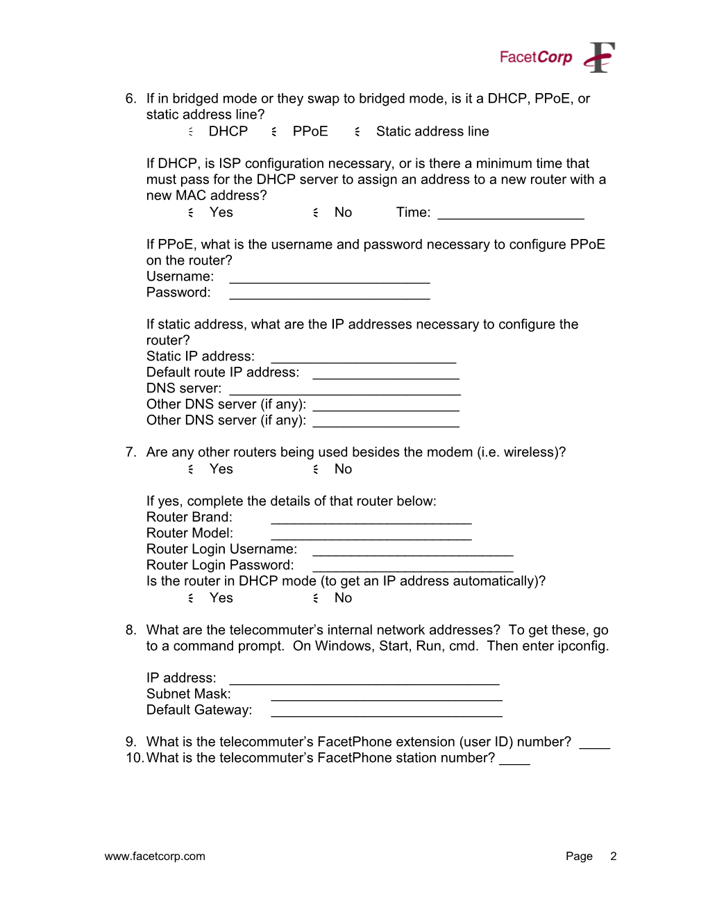 Facetphone Pre-Installation Questionnaire