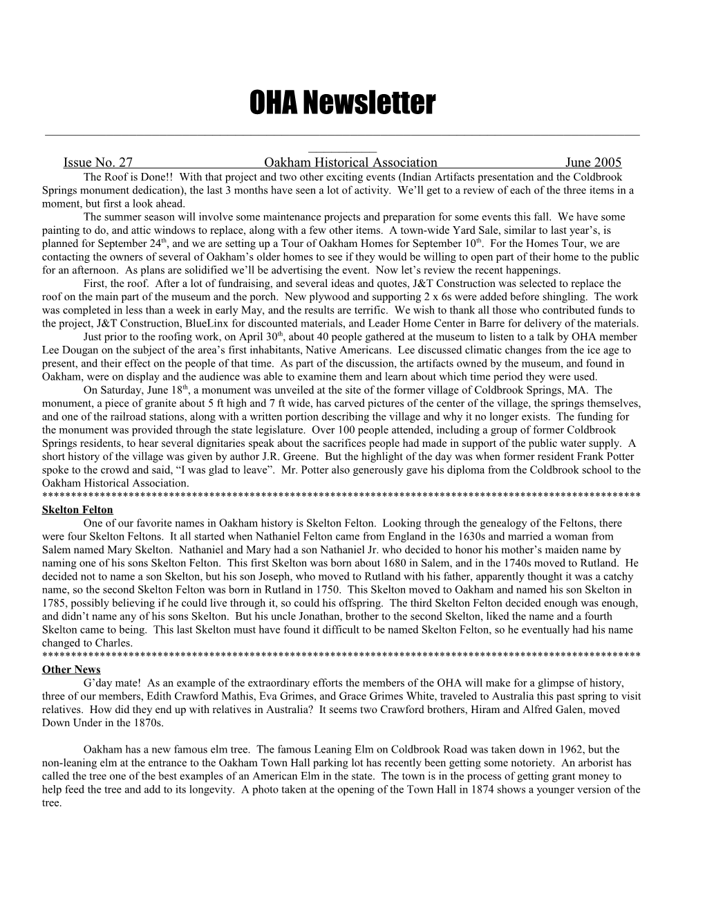 Issue No. 27 Oakham Historical Association June 2005
