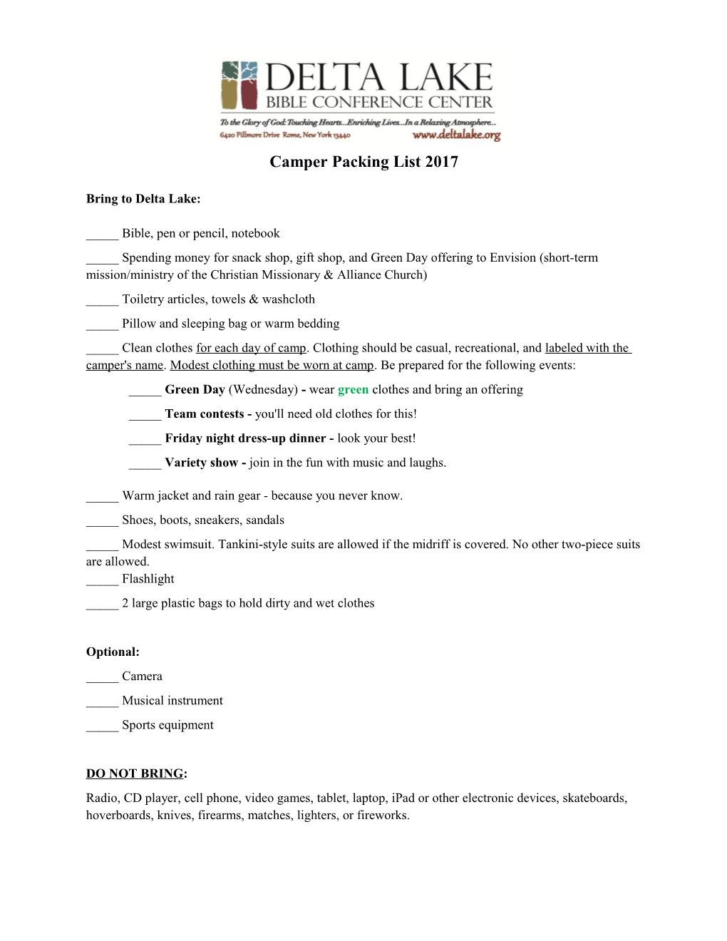 Camper Packing List 2017