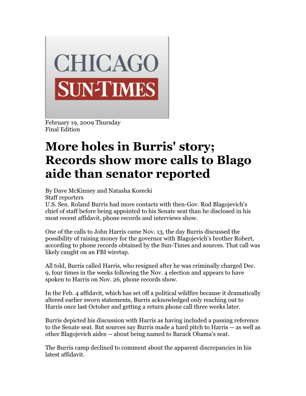 More Holes in Burris' Story; Records Show More Calls to Blago Aide Than Senator Reported