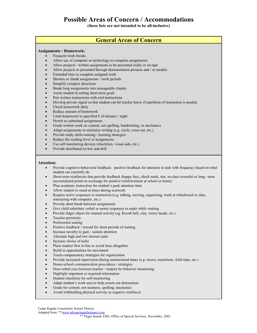 Possible Areas of Concern / Accommodations