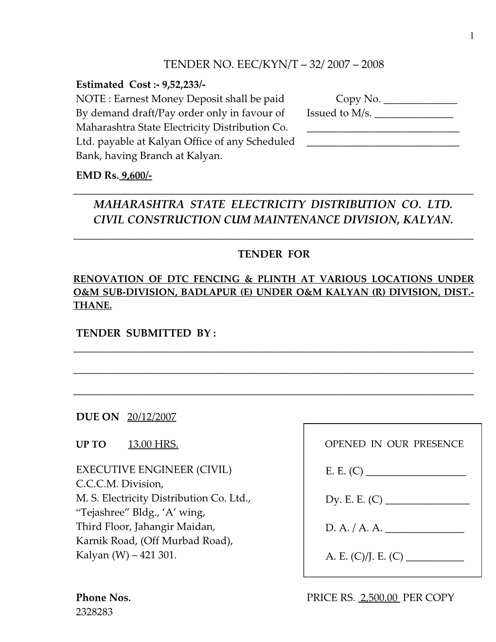 Excel Sheet Proforma of Tender Index s2