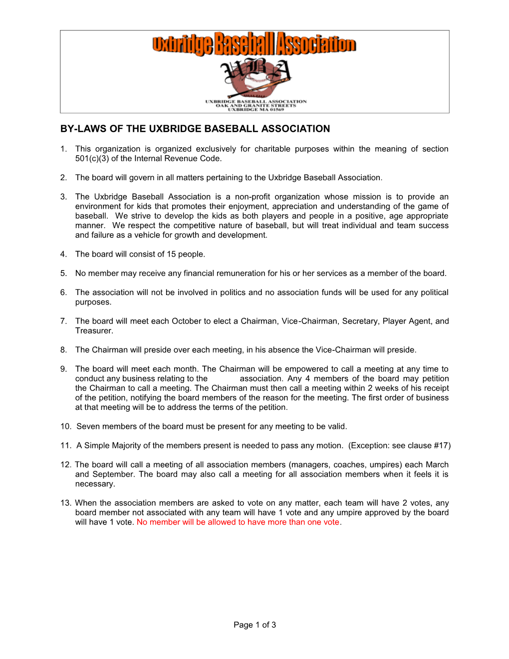 By Laws for the Board of Directors of the Uxbridge Baseball Association