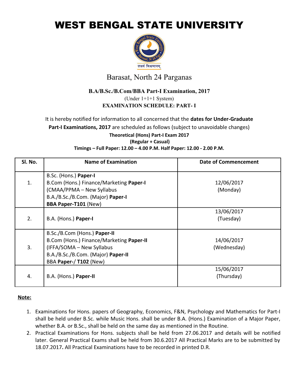 B.A/B.Sc./B.Com/BBA Part-I Examination, 2017