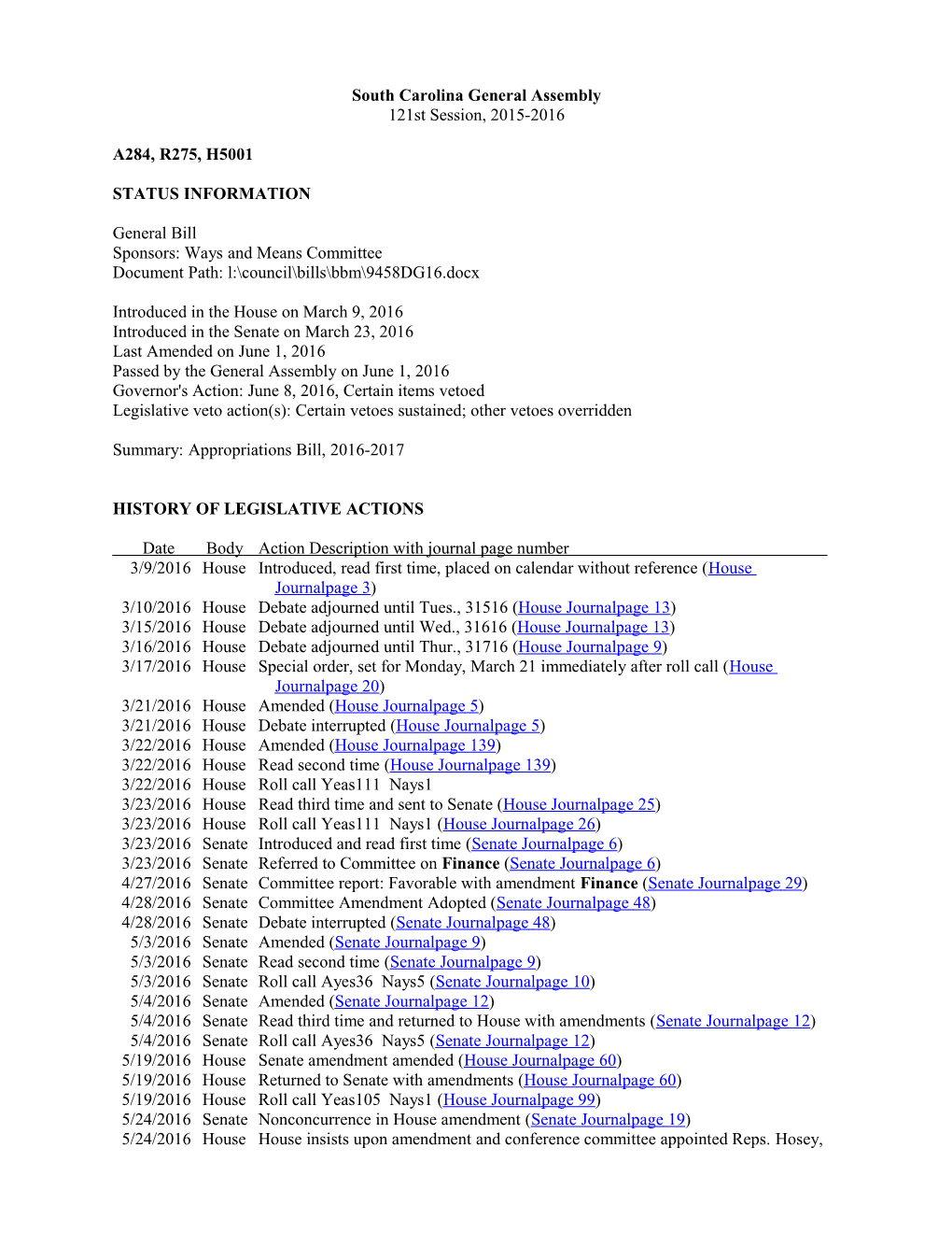 2015-2016 Bill, H.5001: Appropriations Bill, 2016-2017 - South Carolina Legislature Online