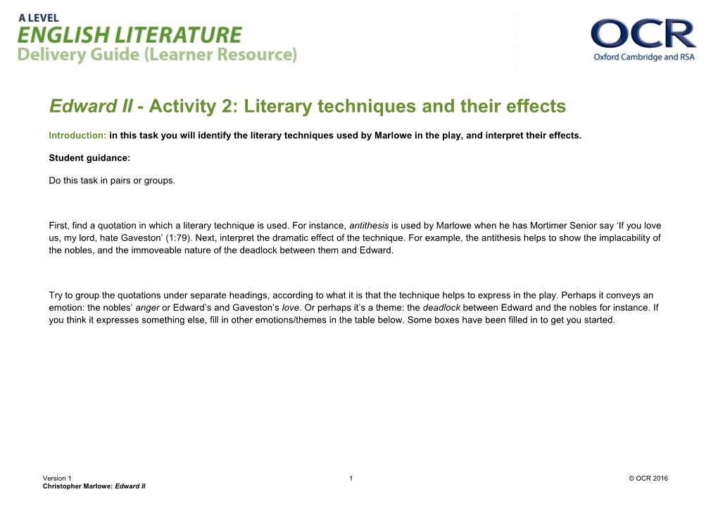 OCR a Level English Literature Delivery Guide Learner Resource Edward II Activity 2 Literary