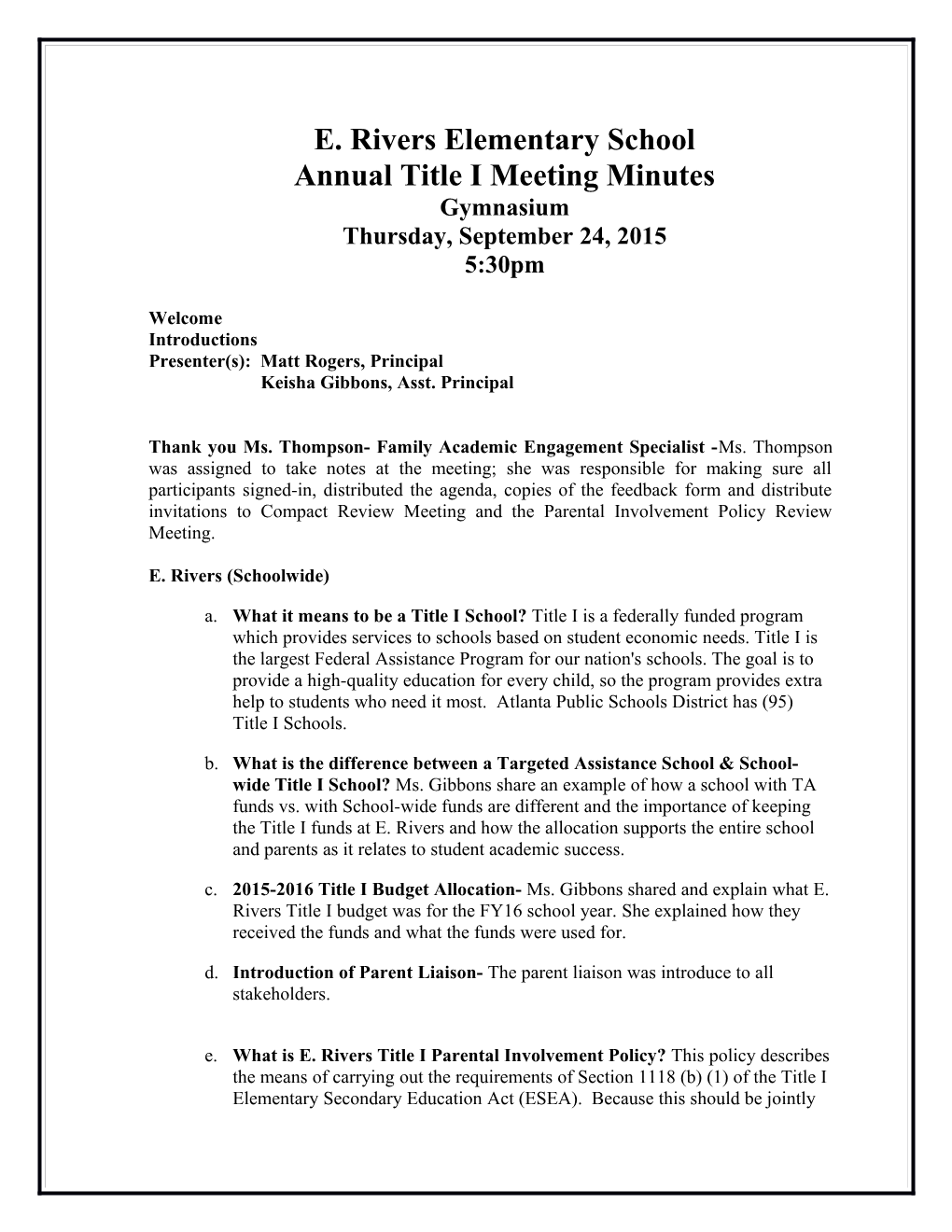 Annual Title I Meeting Minutes