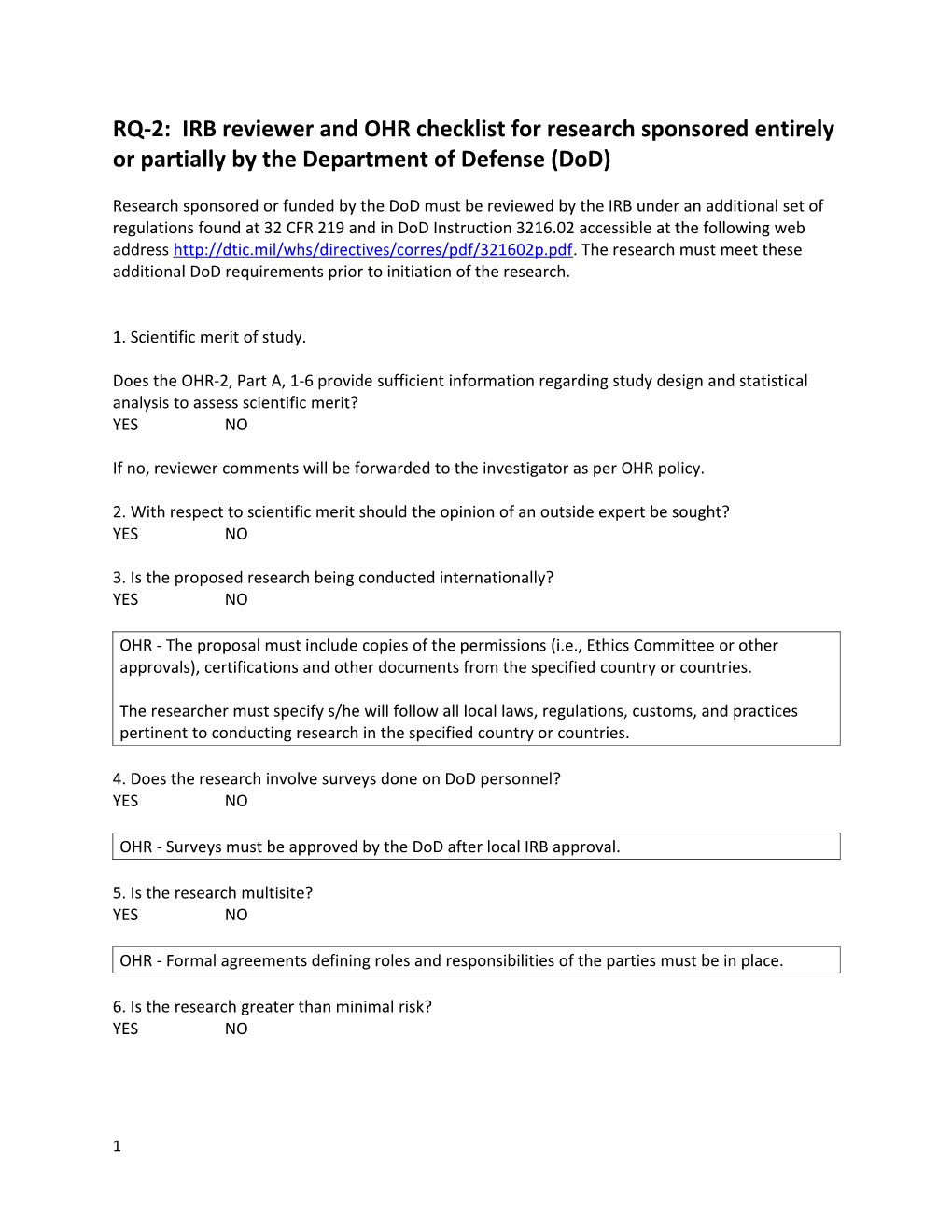 RQ-2: IRB Reviewer and OHR Checklist for Research Sponsored Entirely Or Partially by The