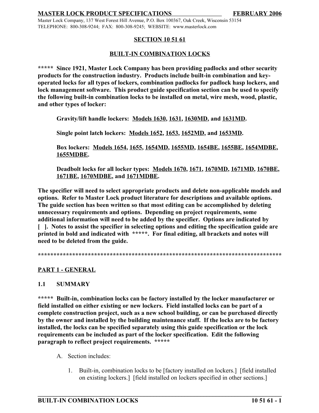 Master Lock Product Specifications February 2006 s1