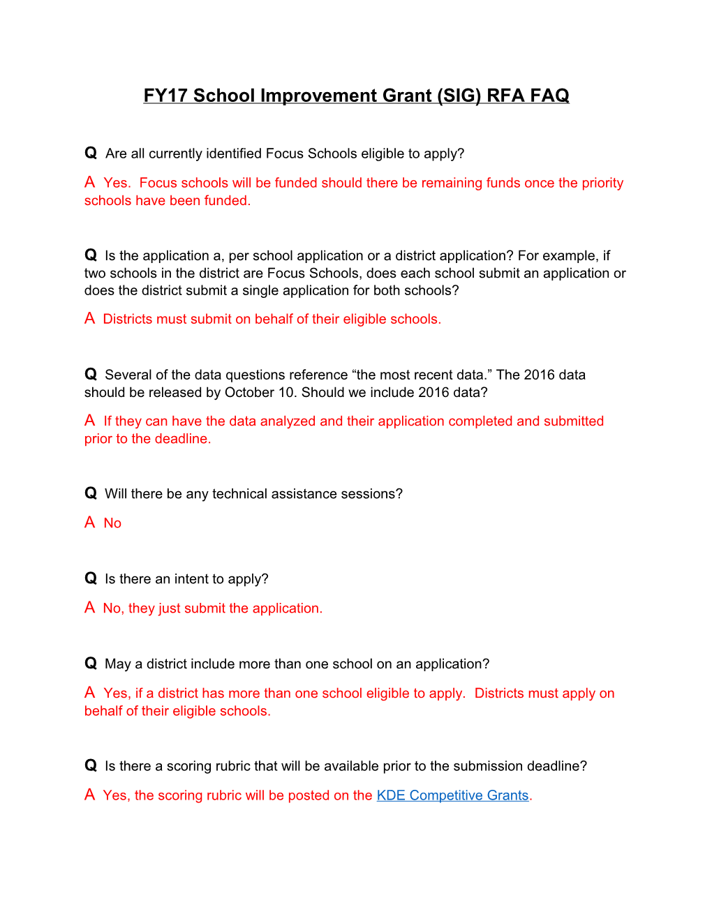 FY17 School Improvement Grant (SIG) RFA FAQ