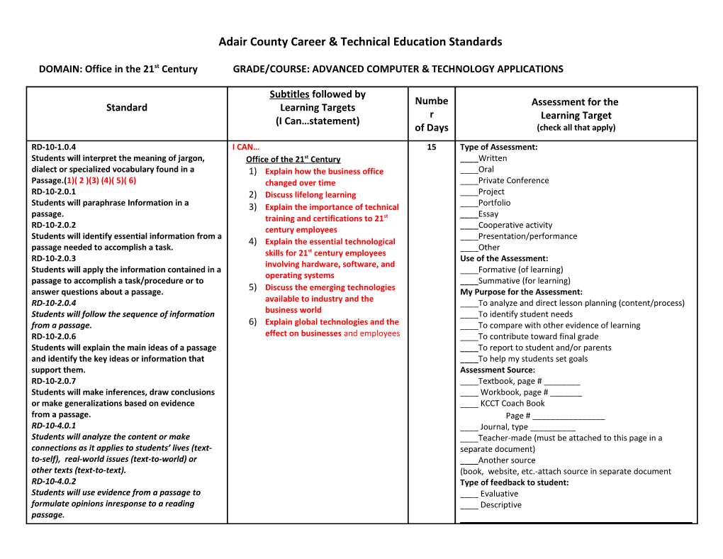 Adair County Career & Technical Education Standards