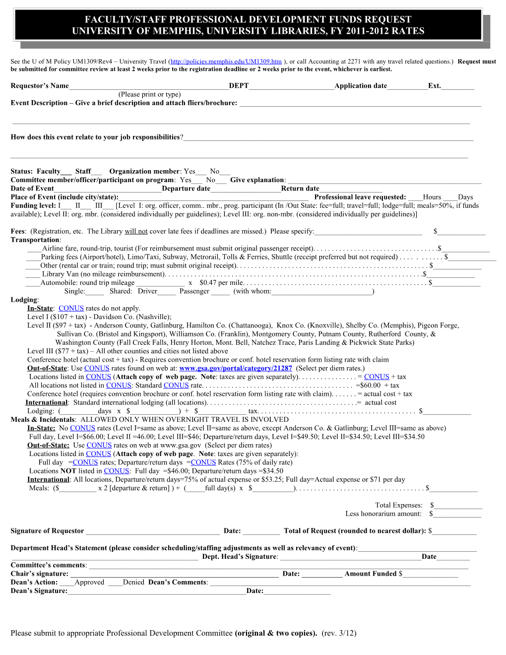 Application for Travel Funds, University of Memphis Libraries
