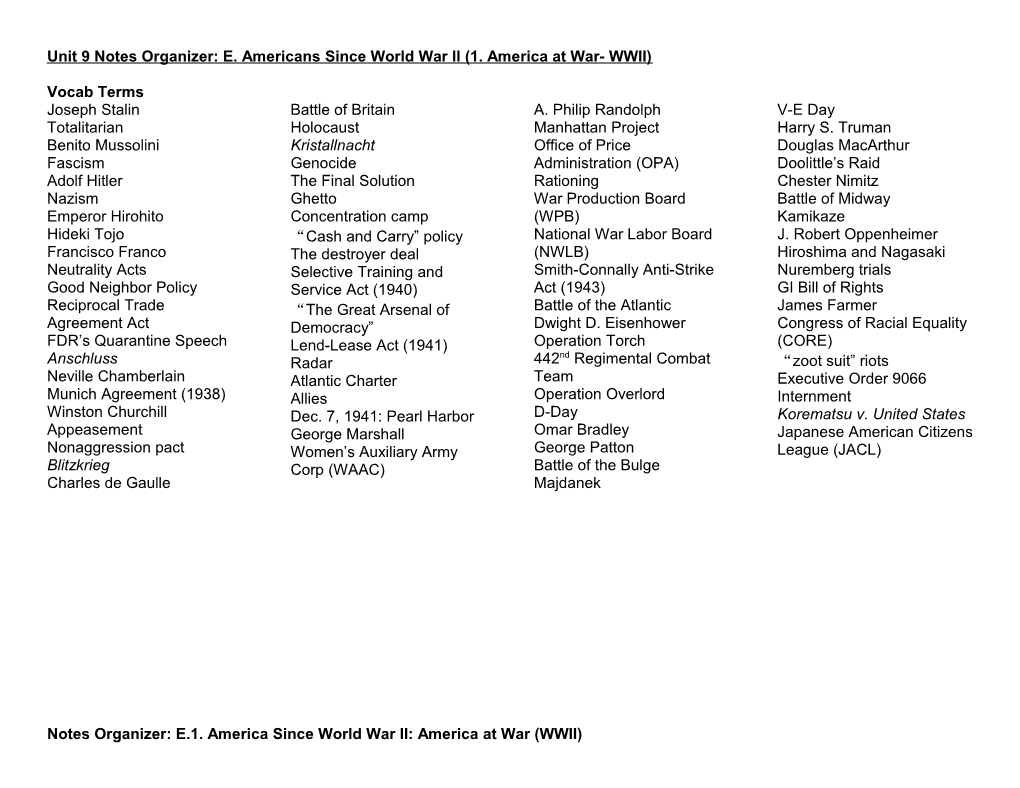 Unit 9 Notes Organizer: E. Americans Since World War II (1. America at War- WWII)