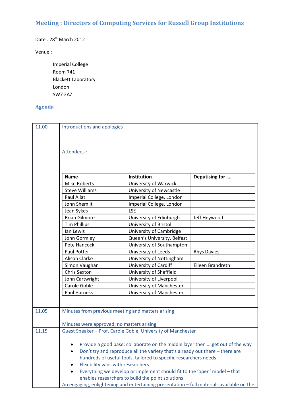 Meeting : Directors of Computing Services Forrussell Group Institutions