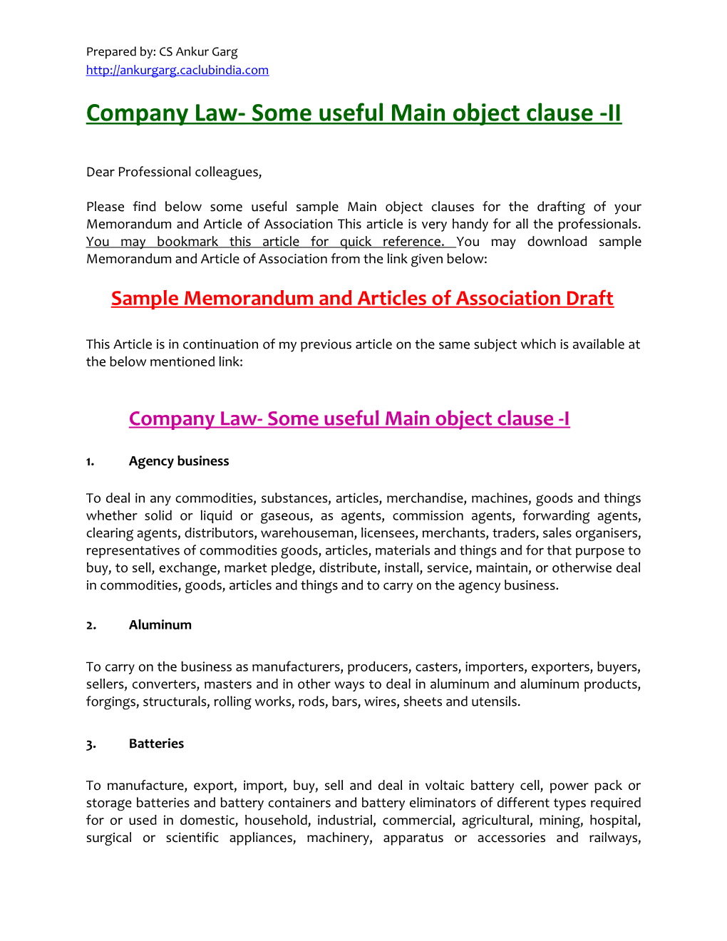 Company Law- Some Useful Main Object Clause -II