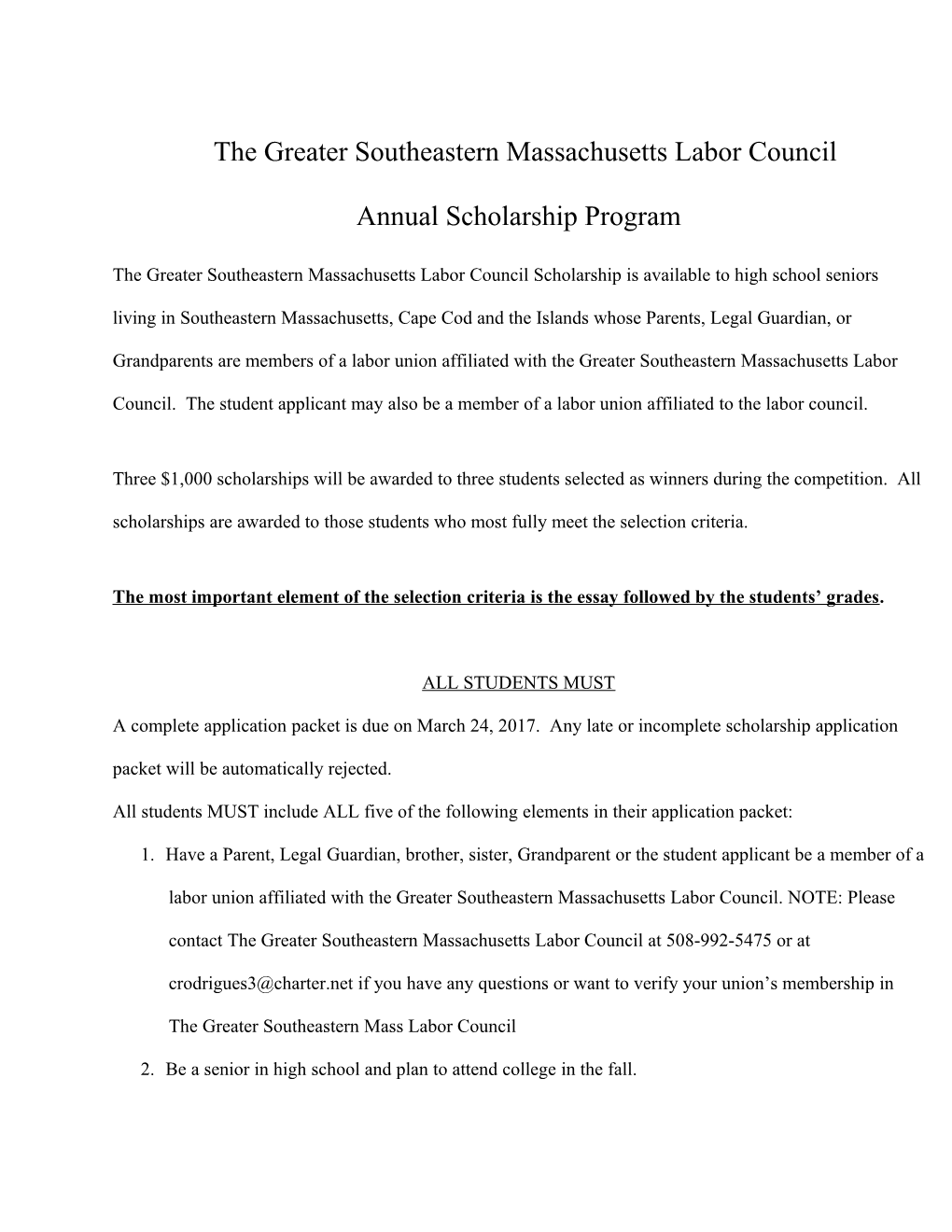 The Greater Southeastern Massachusetts Labor Council Annual Scholarship Program