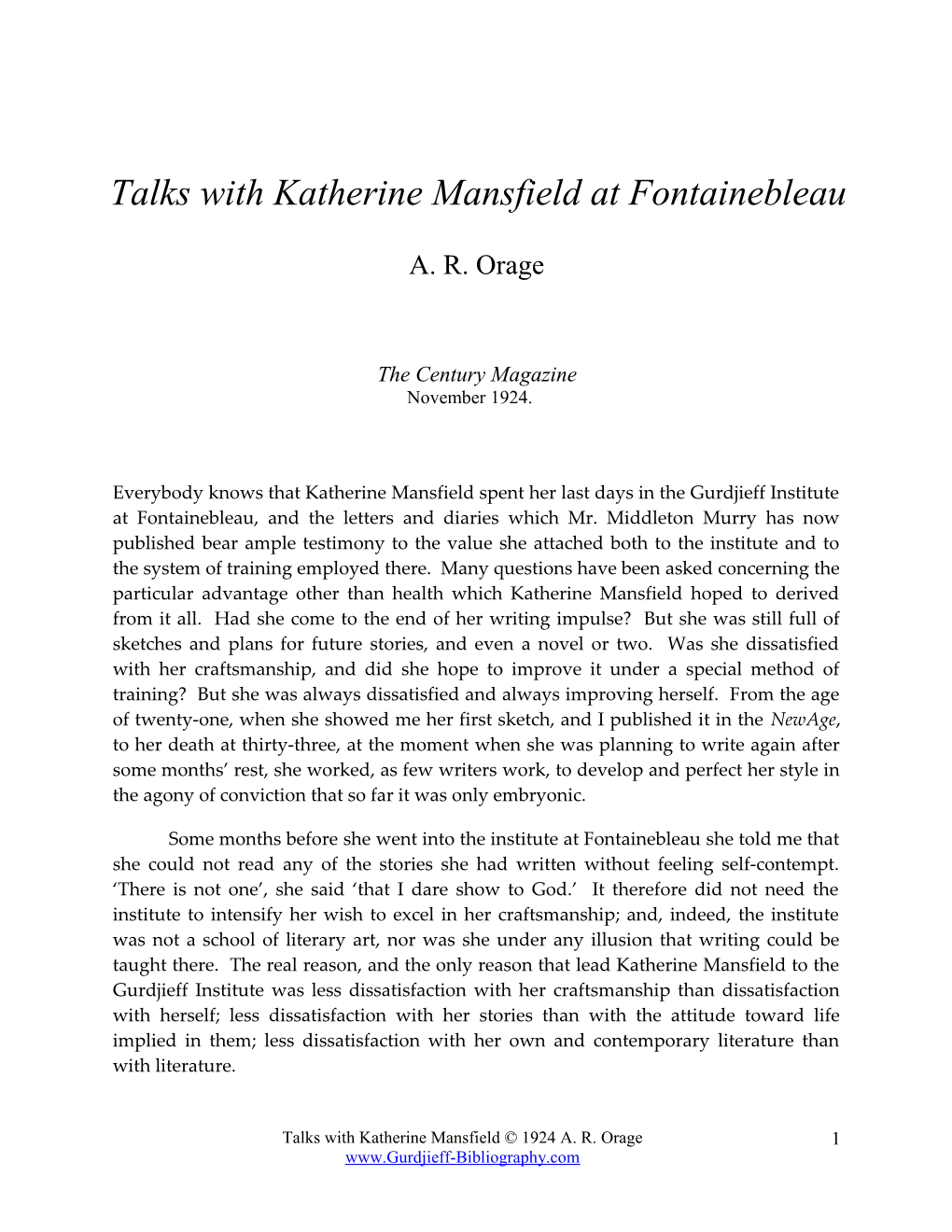 Talks with Katherine Mansfield