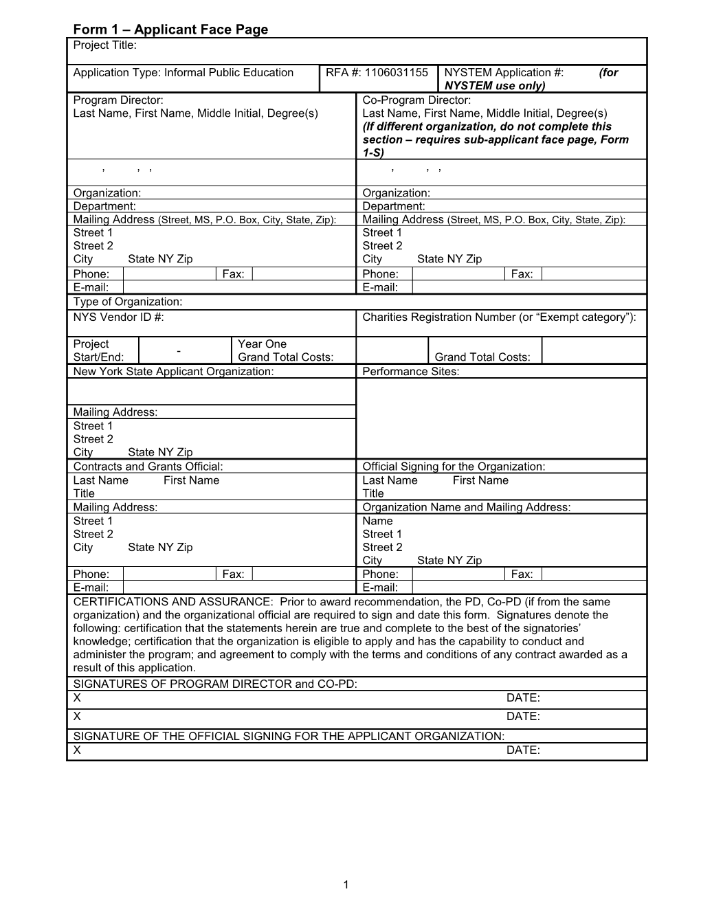 Form 1 Applicant Face Page