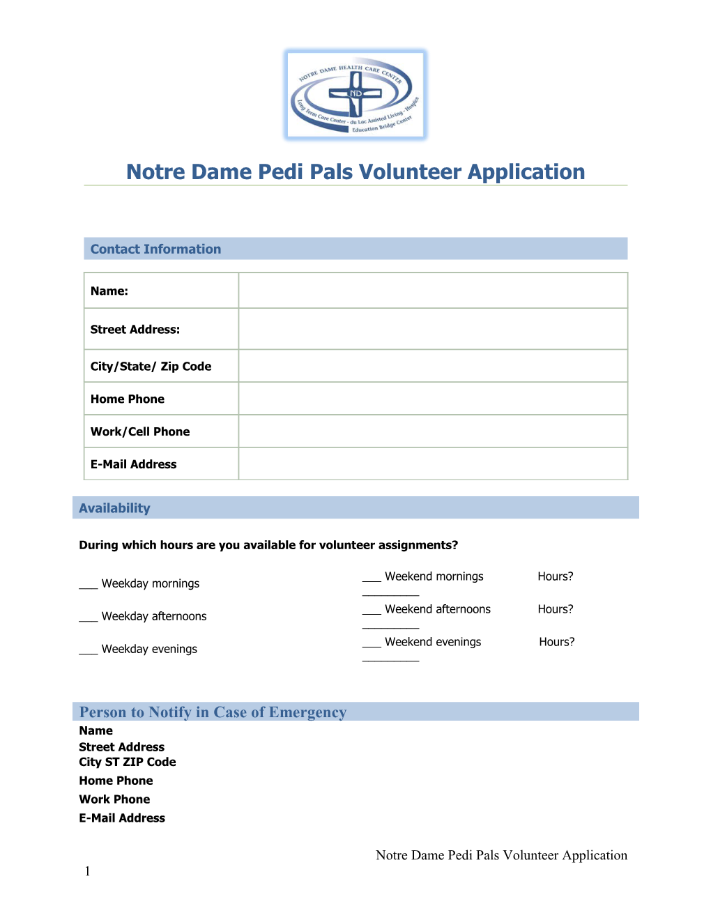 Notre Dame Pedi Pals Volunteer Application